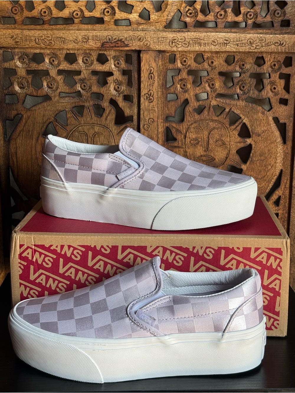 Vans Women’s sz 8.5 Slip-On Platform Checkerboard Sneakers - Lilac/White